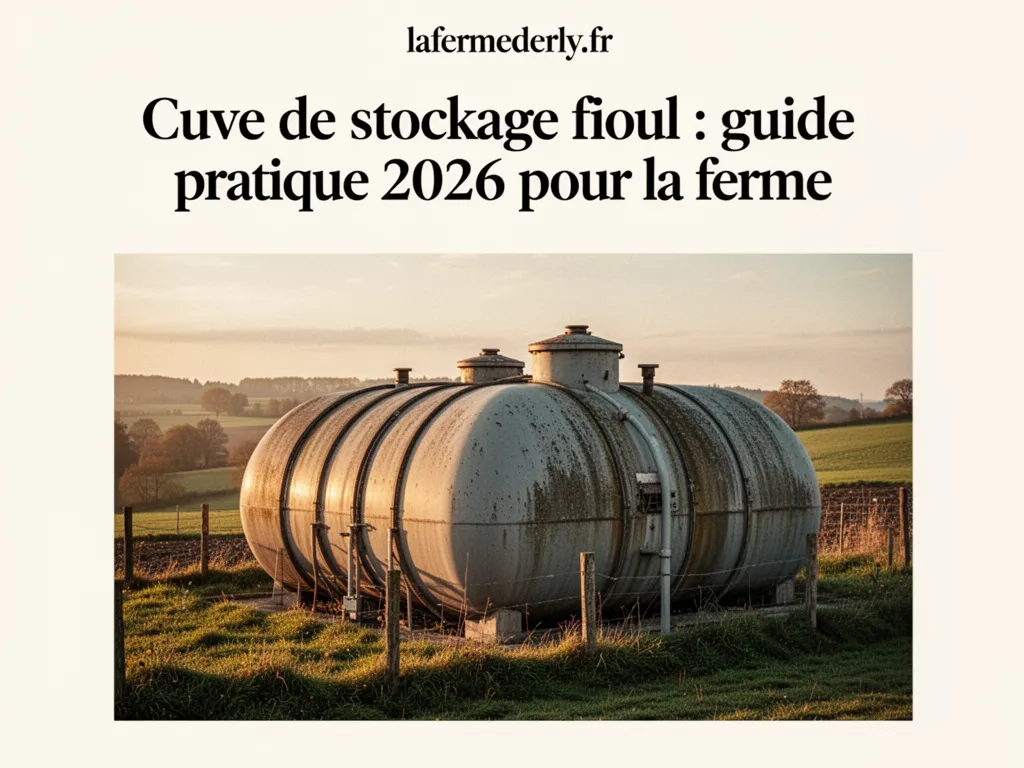 Cuve horizontale métallique pour fioul installée à l'extérieur, pompe de transfert posée dessus et jauge visible